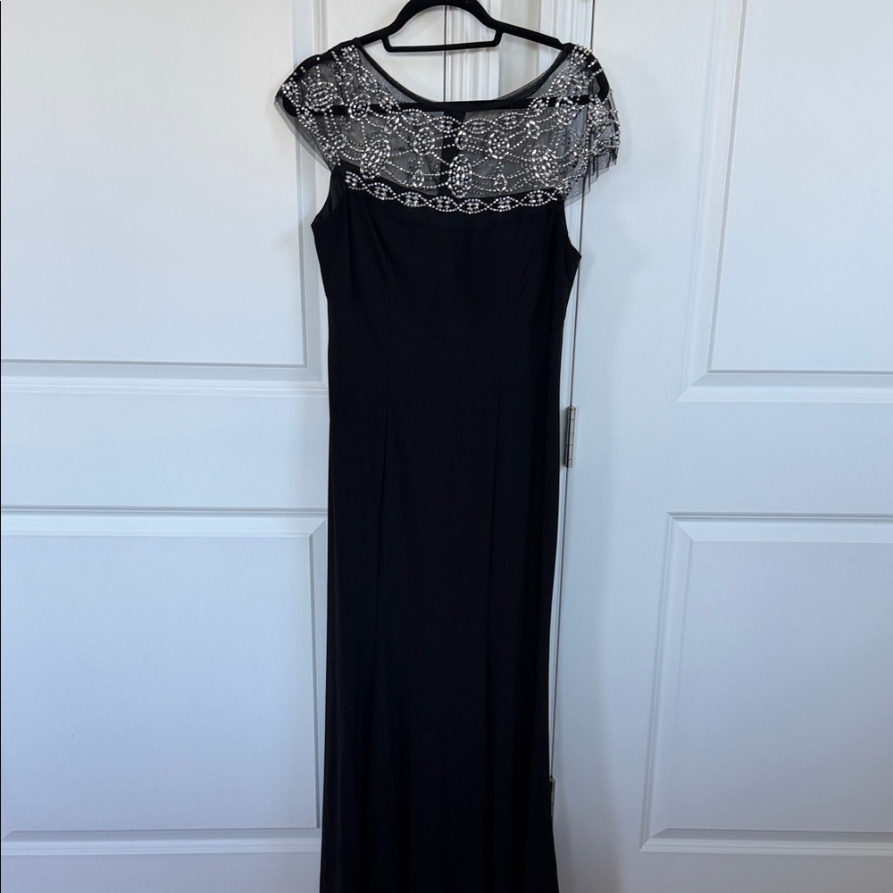 Elegant Black Evening Gown with Silver Accents by R&M Richard’s